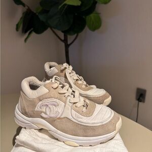 Chanel Women's Beige and White Sneakers